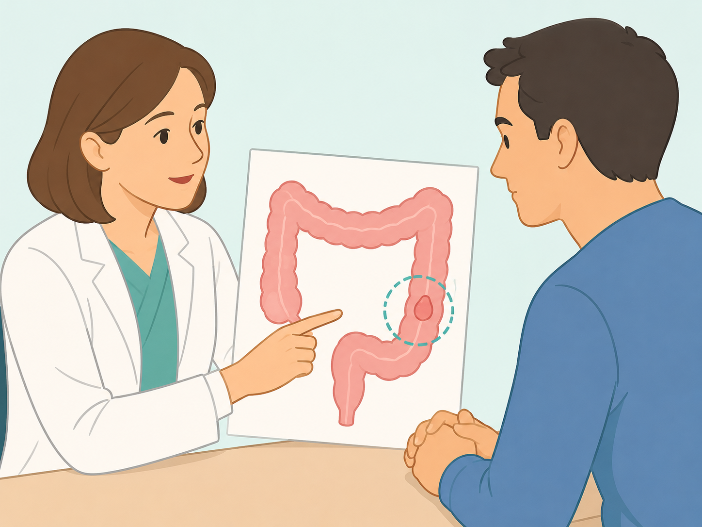 Doctor explaining what happens if polyps are found during colonoscopy.
