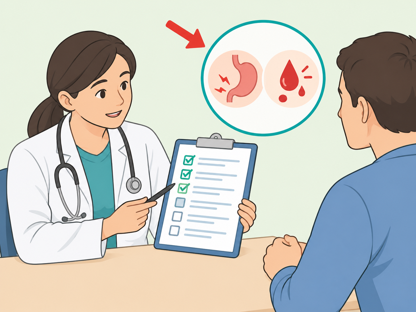 Doctor discussing colonoscopy risks and warning signs with a patient.
