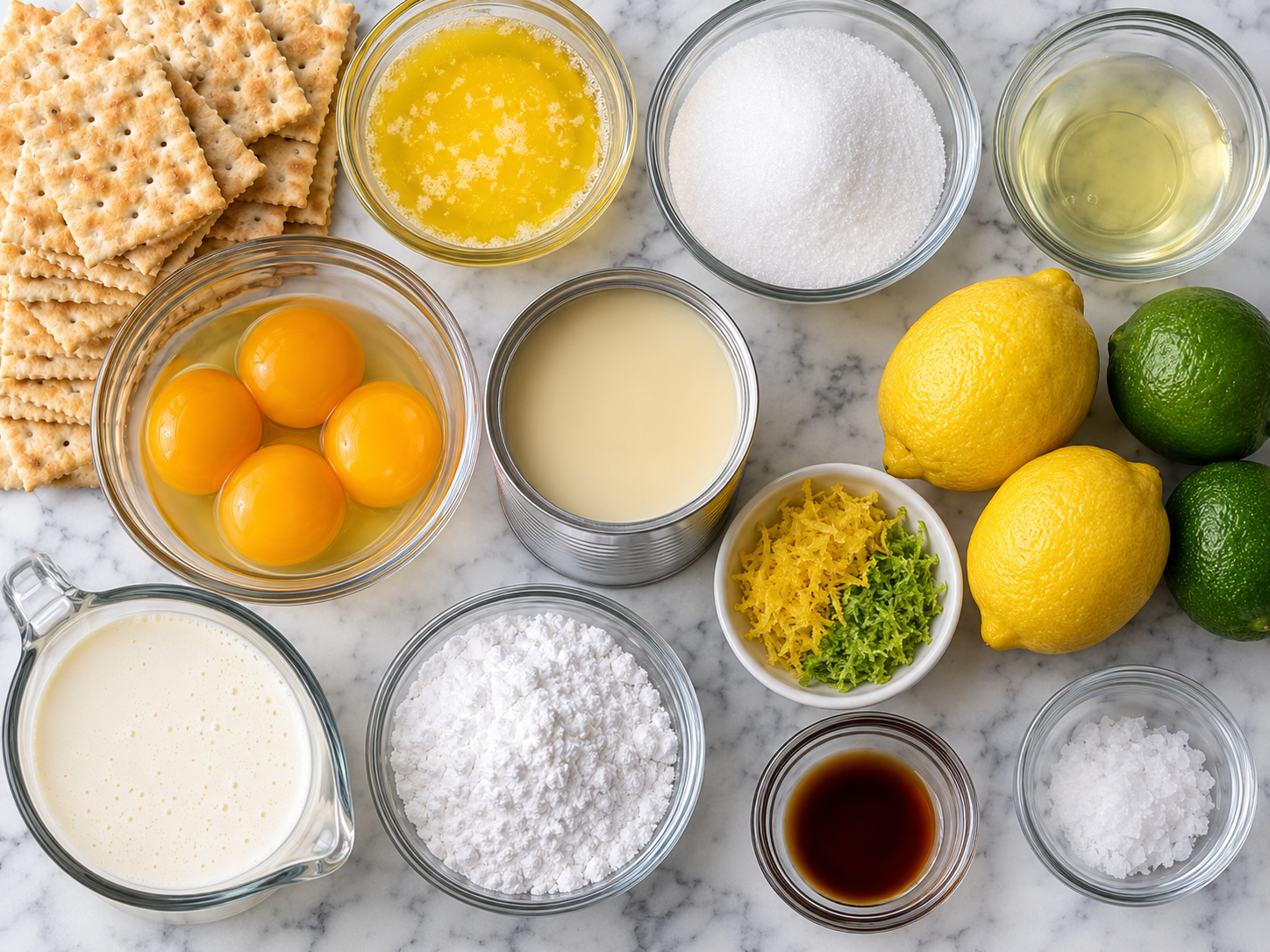 Ingredients for Atlantic Beach Pie with saltines, citrus, eggs, and cream