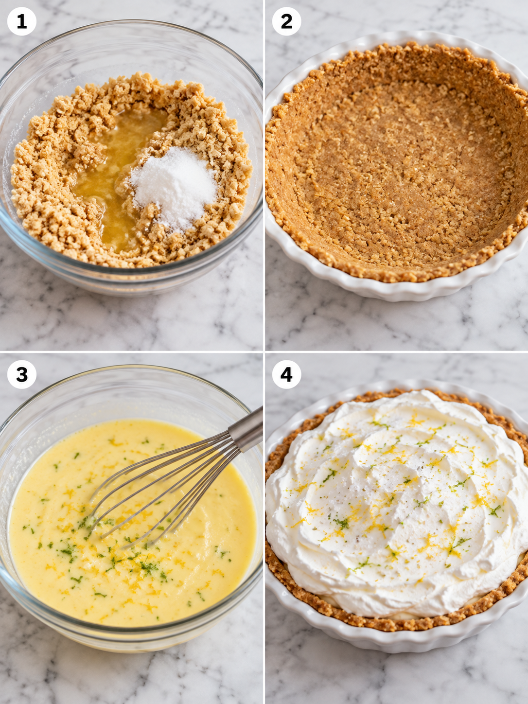 Four steps for making Atlantic Beach Pie from crust to whipped topping