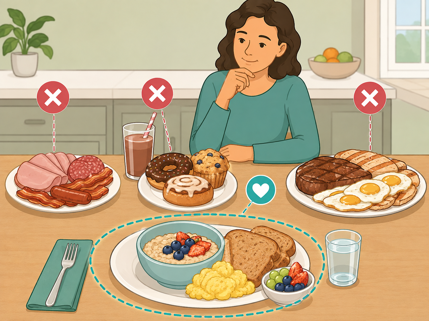 Illustration comparing three breakfast patterns to limit with a balanced kidney-aware breakfast.