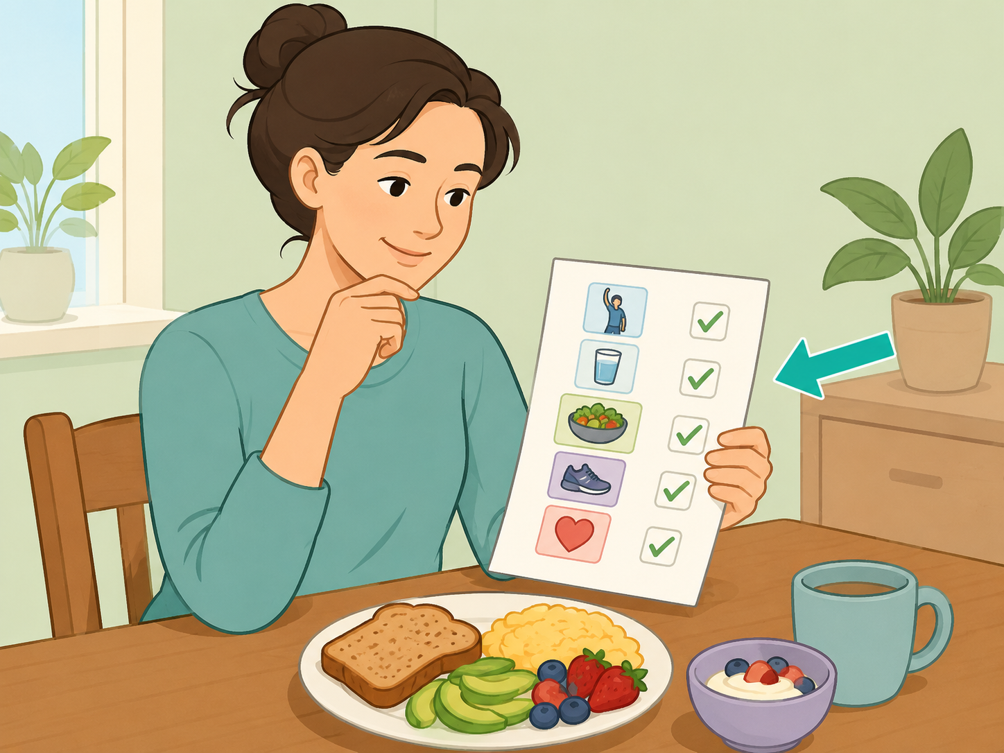 Person checking personal health risks before choosing breakfast.