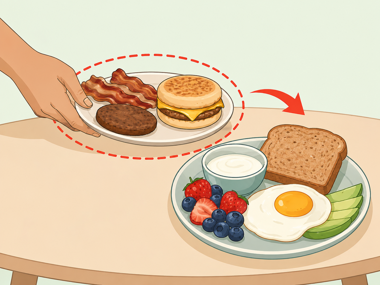 Salty processed breakfast foods highlighted as foods to limit.