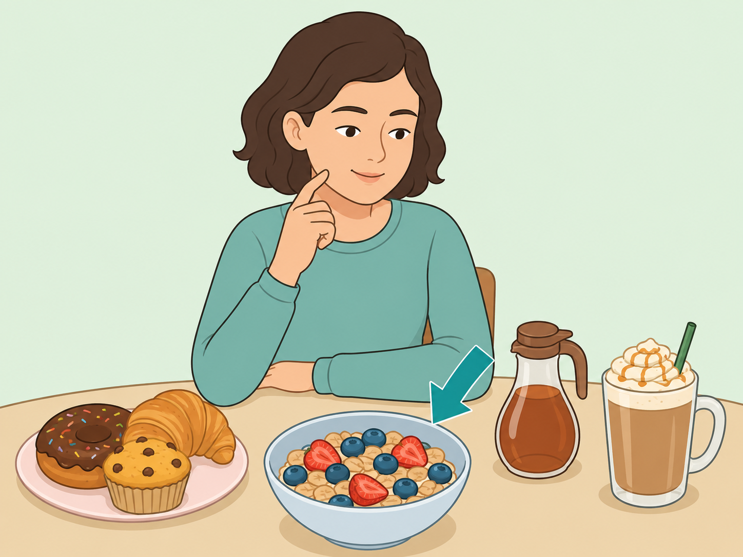 Person choosing a lower-sugar breakfast instead of sweet refined-carb foods.