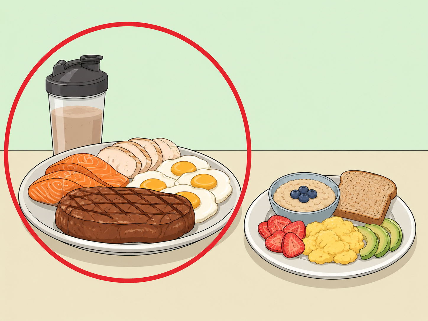 Oversized high-protein breakfast highlighted beside a balanced plate.