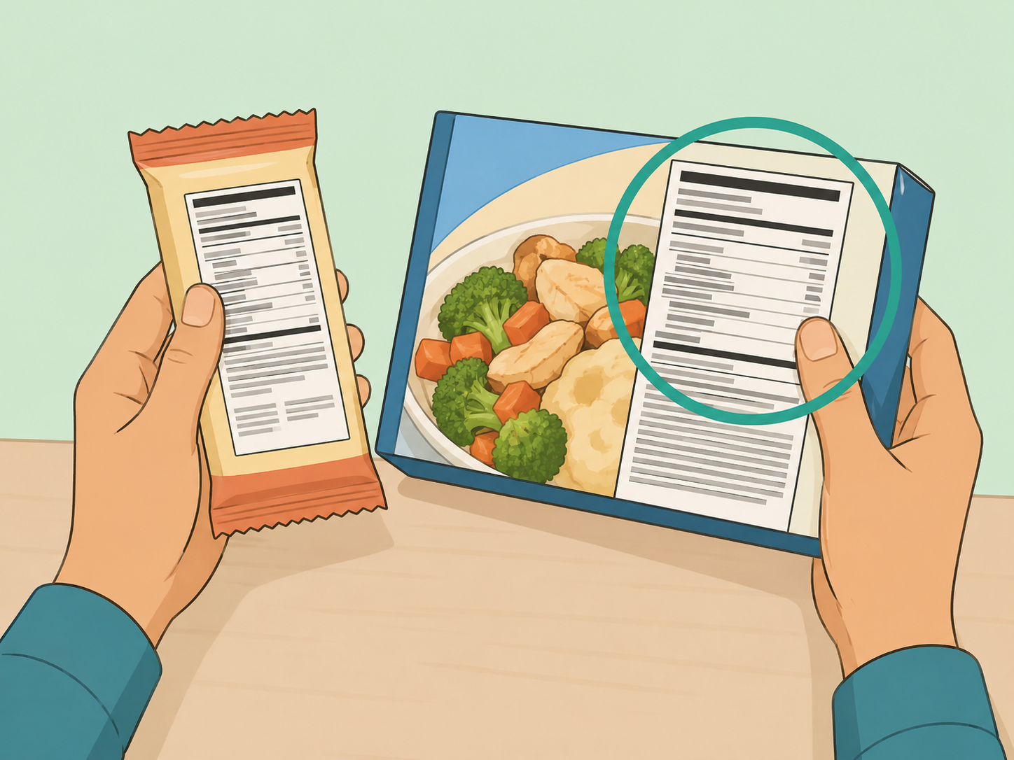 Hands checking packaged breakfast labels for additives.