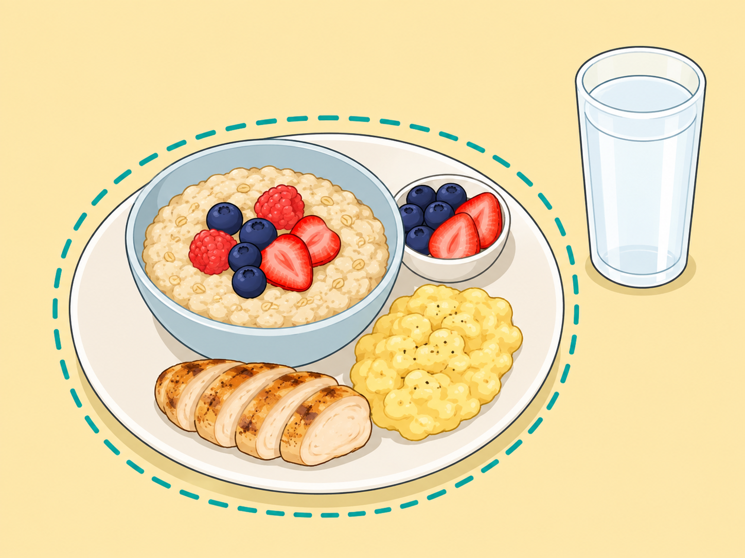 Balanced breakfast plate with whole grains, fruit, protein, and an unsweetened drink.