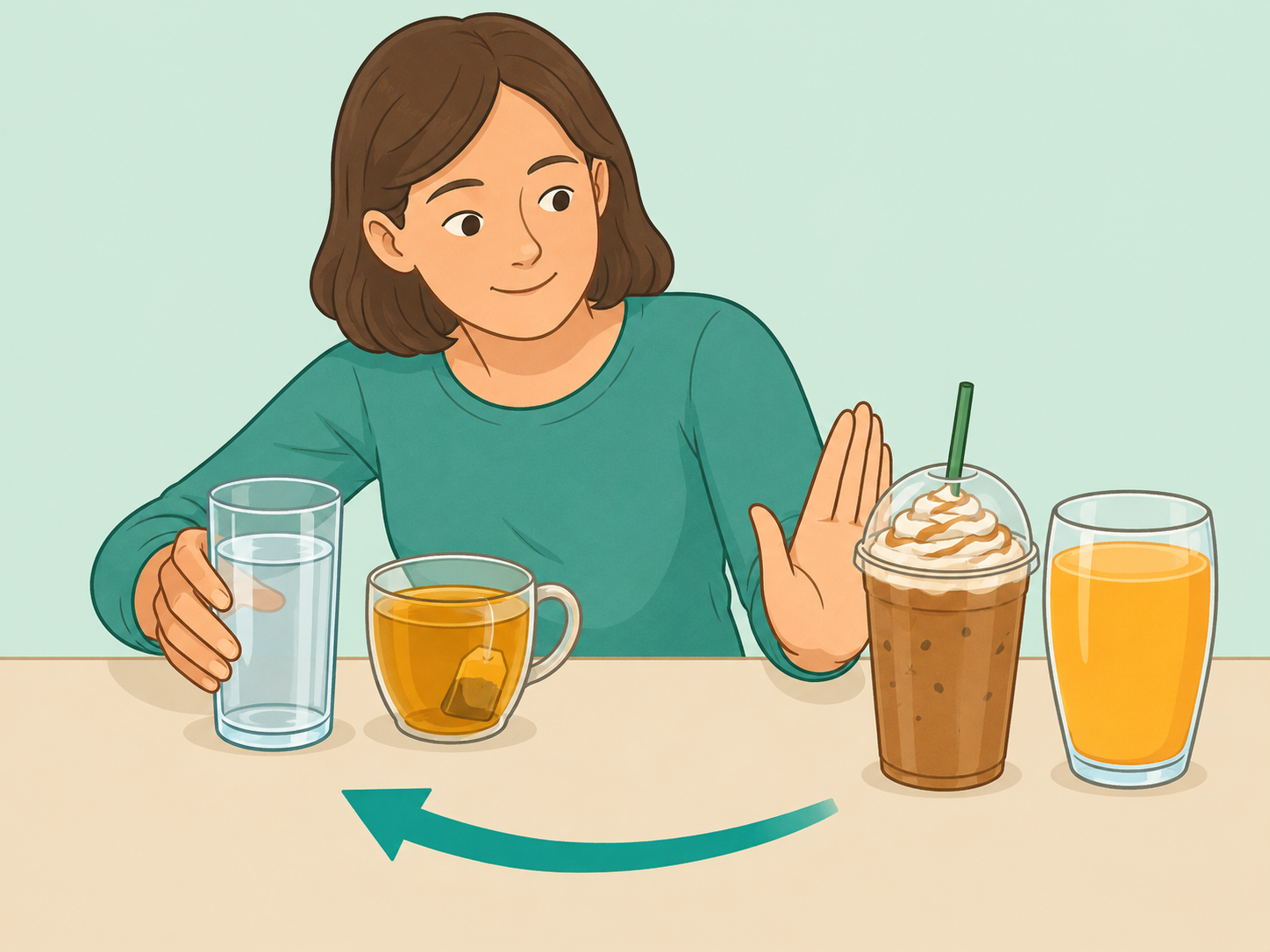 Person choosing unsweetened breakfast drinks instead of sweet drinks.