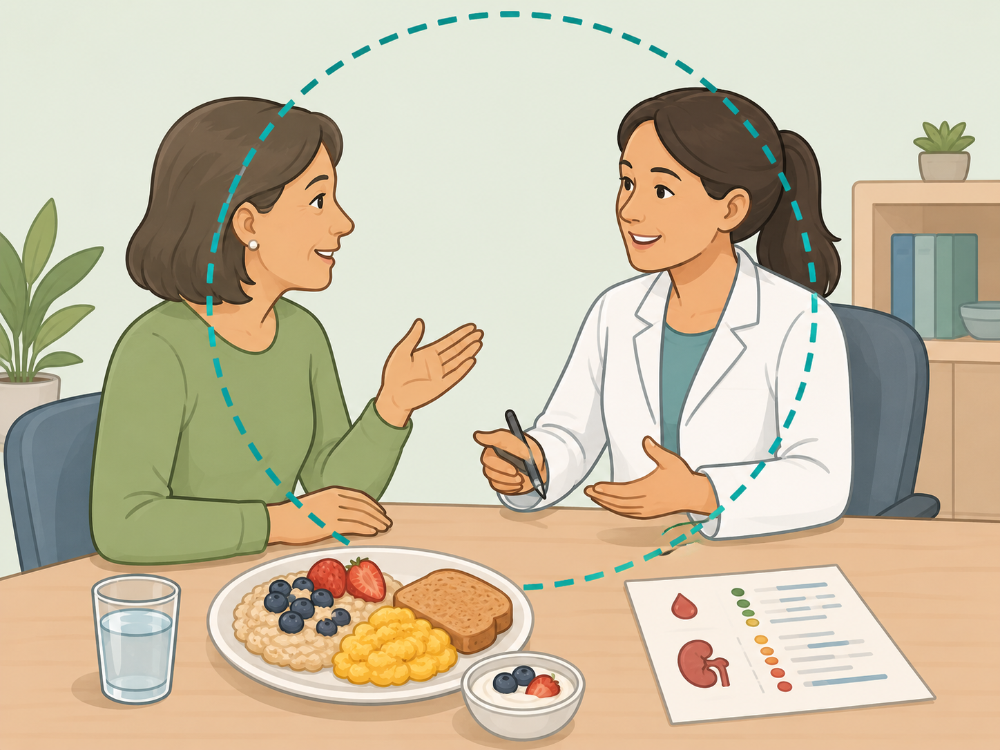 Person asking a health professional for kidney testing and diet advice.
