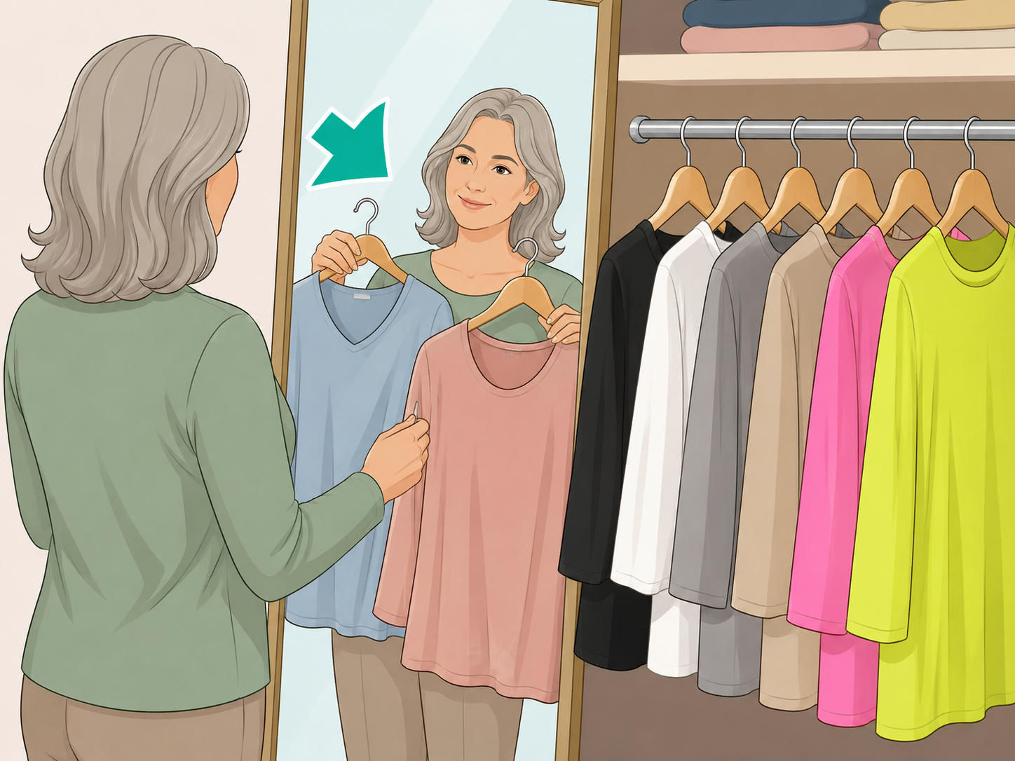 Mature adult comparing clothing colors in a closet and choosing softer flattering shades.