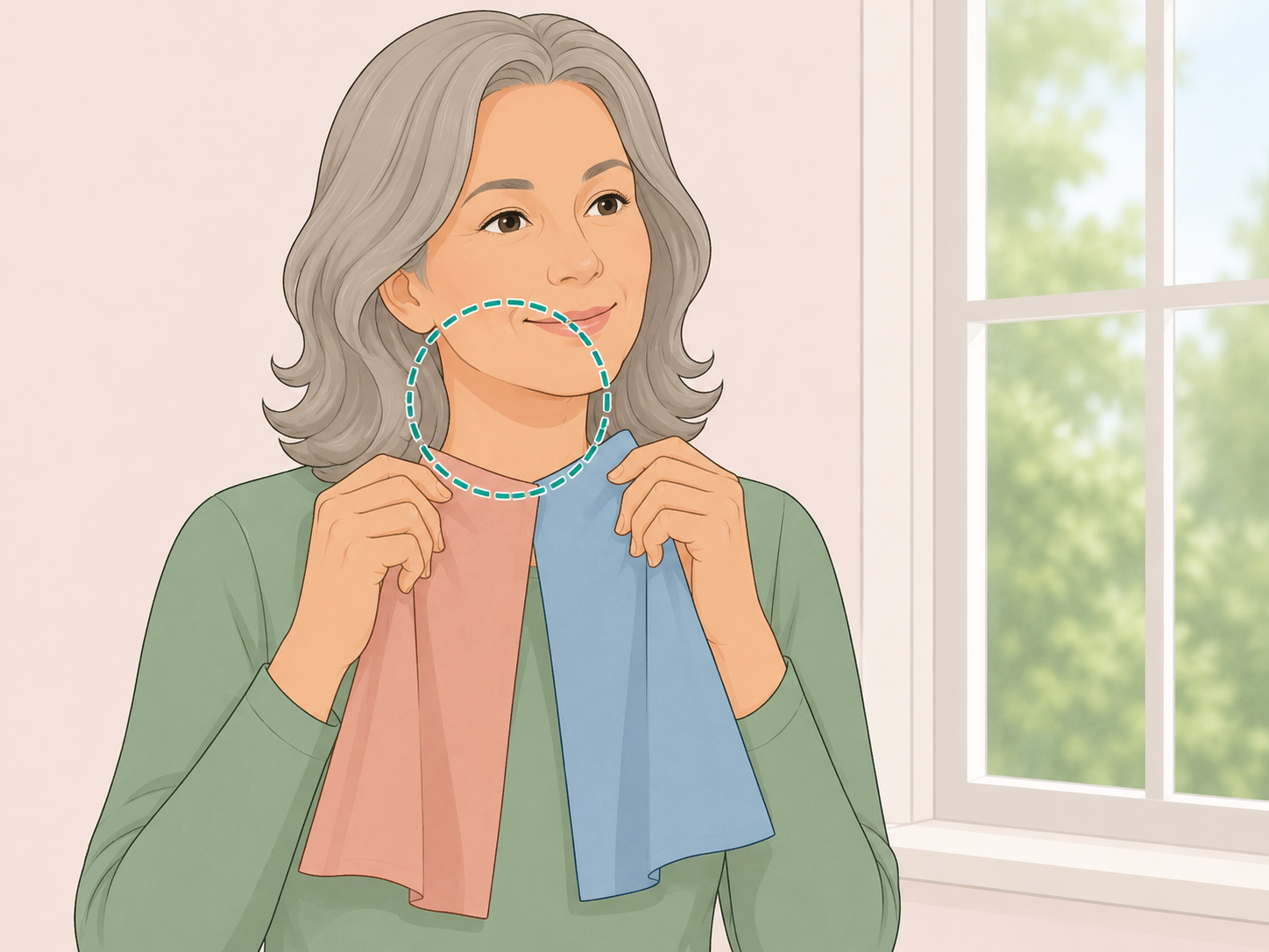 Person checking clothing colors under the chin in natural light.