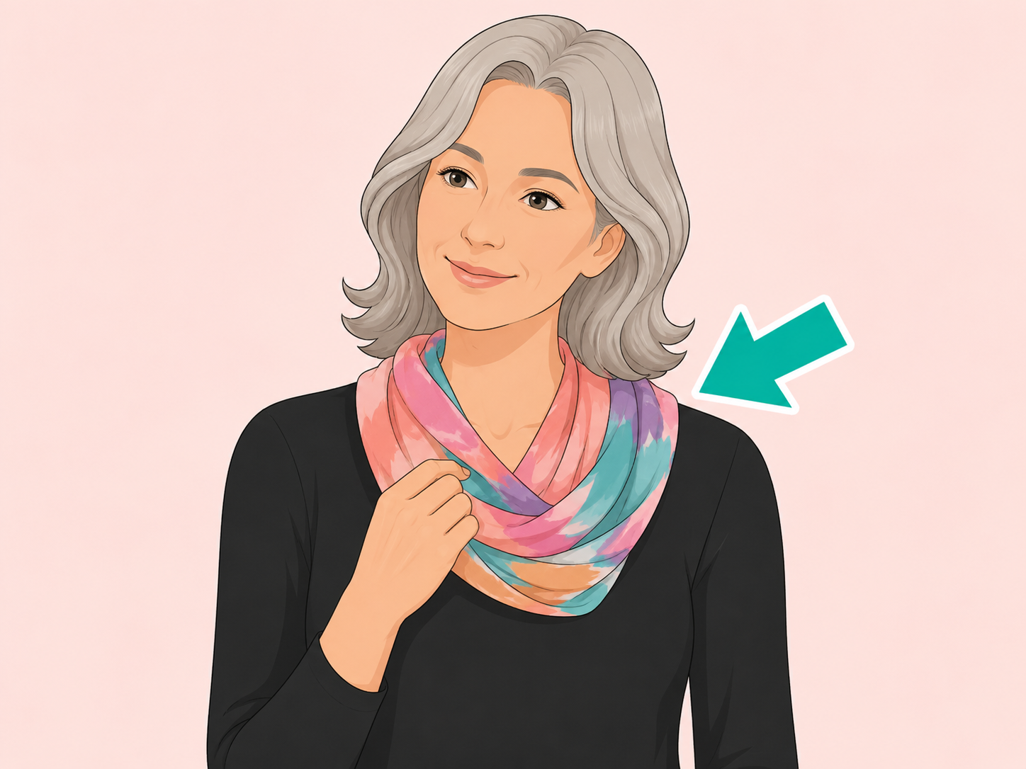 Black top softened with a colorful scarf near the face.