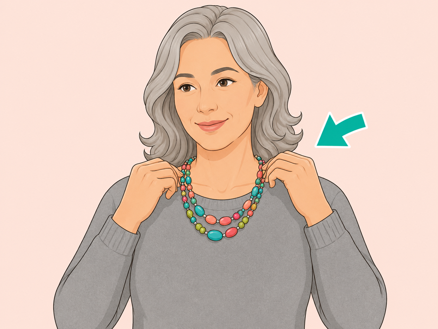 Gray sweater warmed up with a lively accessory near the face.