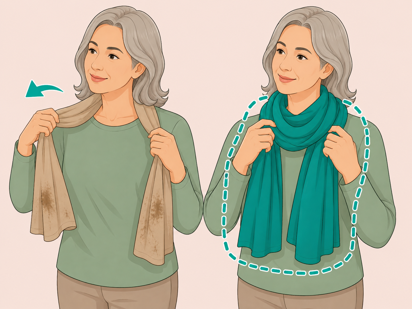 Muddy beige scarf replaced with a richer color near the face.