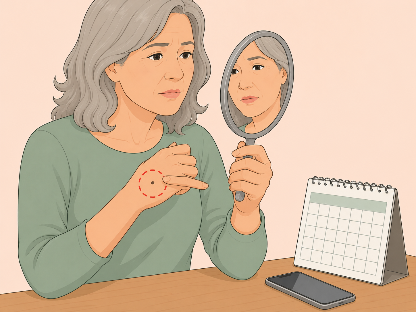 Person checking a skin spot and preparing to contact a dermatologist.