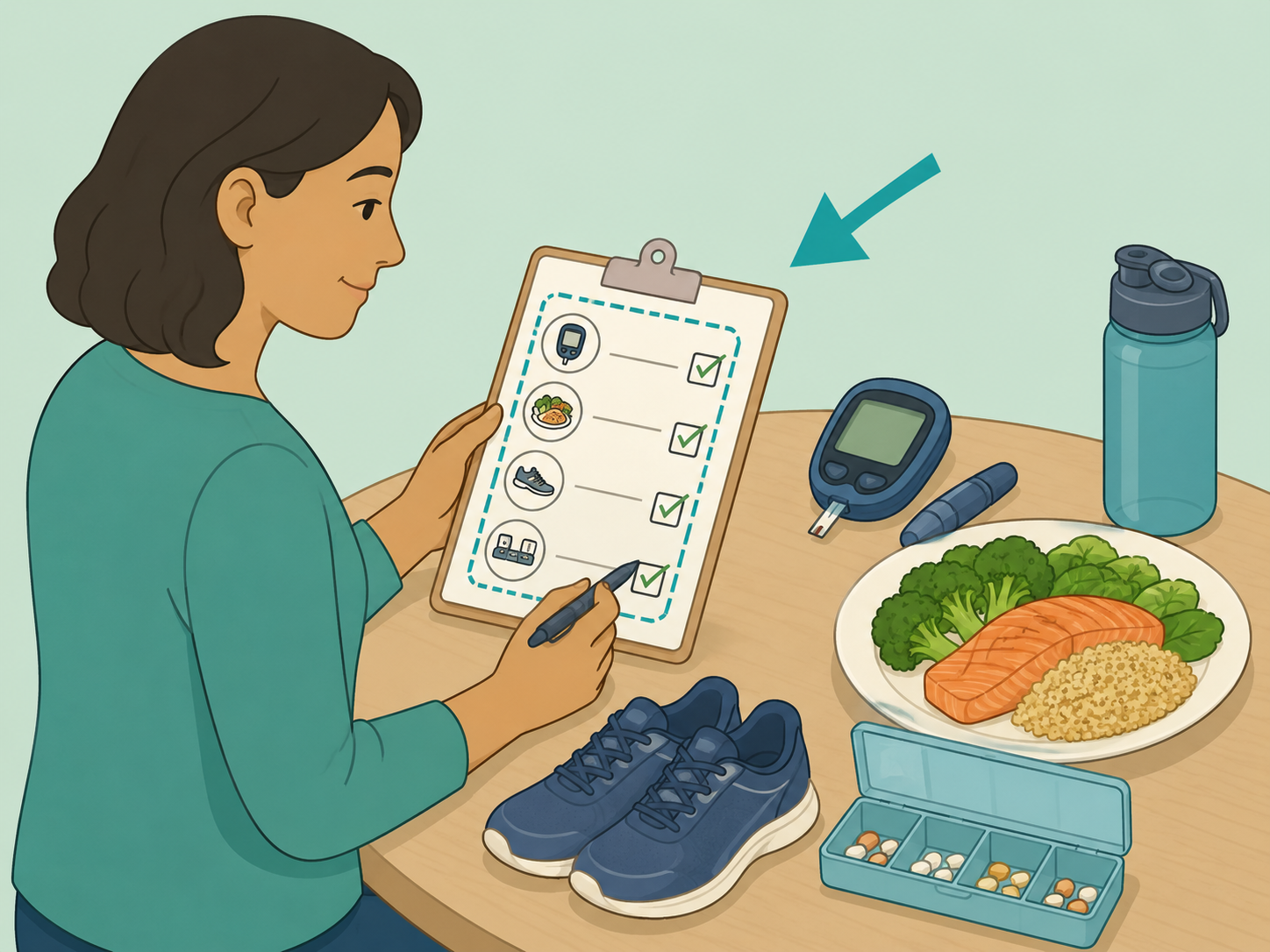 Illustration of a person reviewing a diabetes care plan with blood sugar tools, medicine, food, and walking shoes.