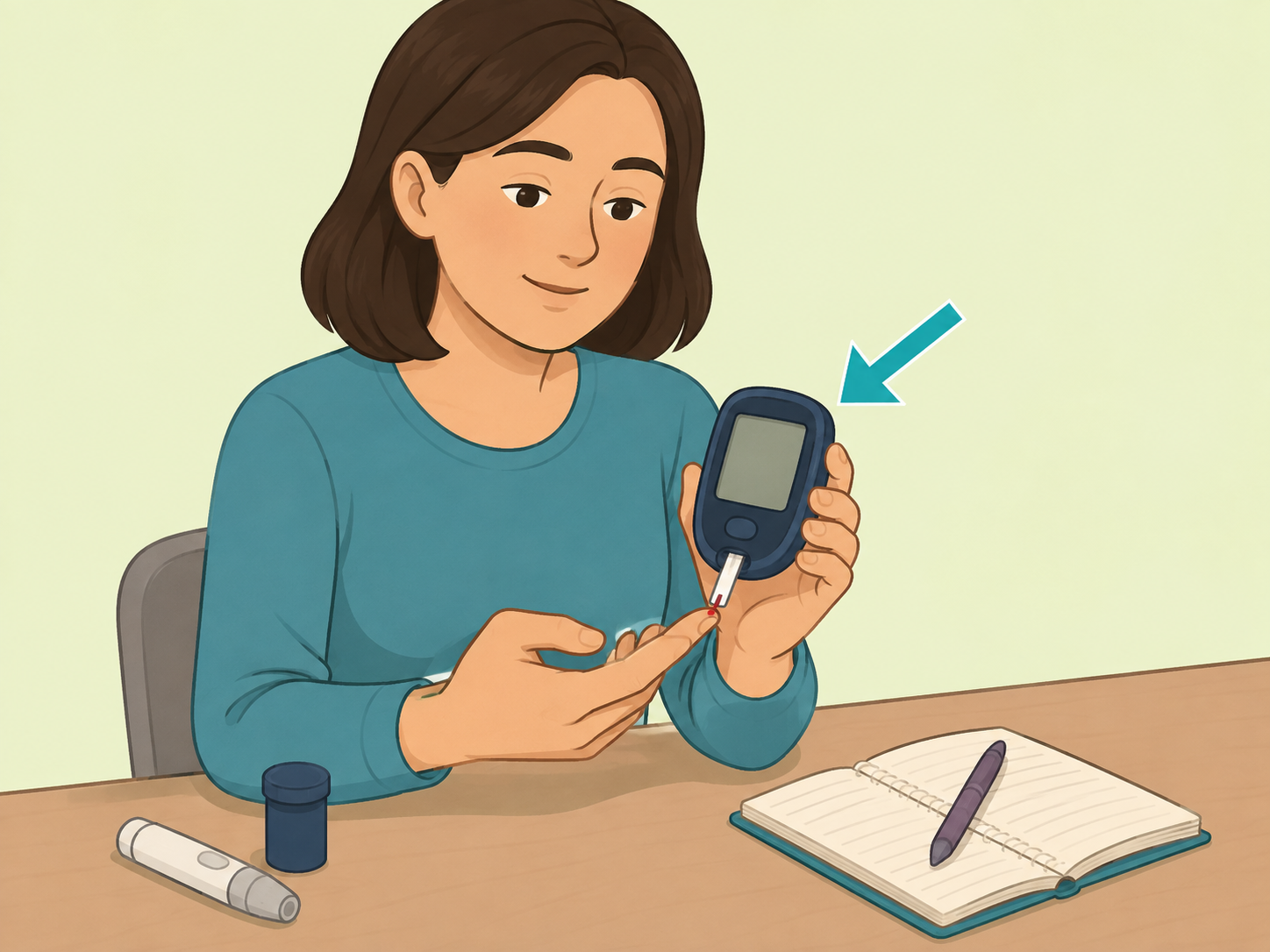 Person checking blood sugar with a glucose meter and recording the result.