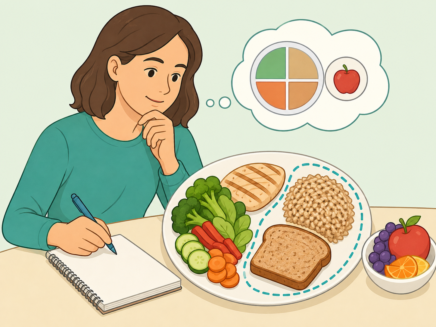 Person planning a balanced diabetes-friendly meal with attention to carbohydrates.