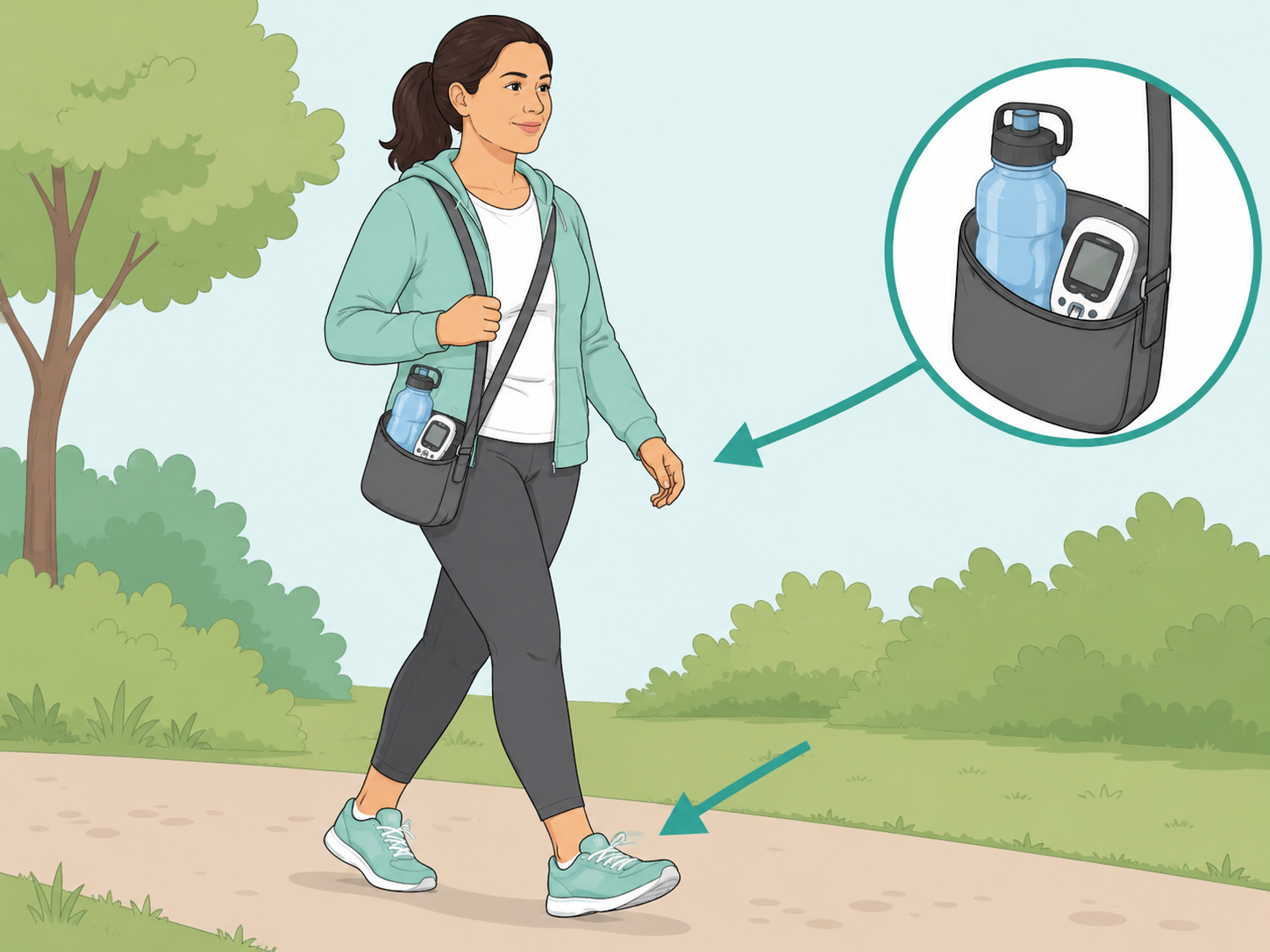 Person walking safely with diabetes supplies nearby.