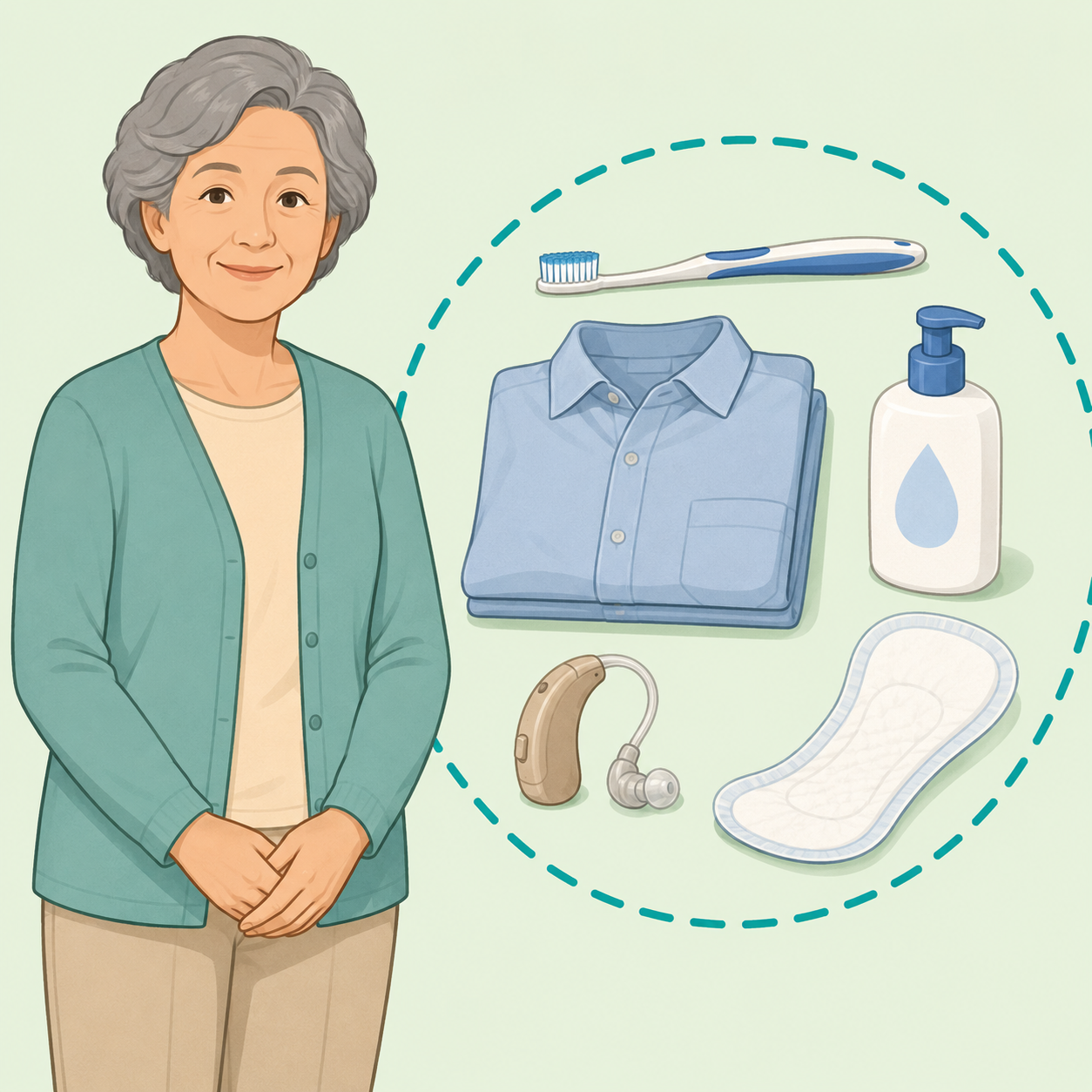 Older adult with personal care items for hygiene, hearing, clothing, skin, and bathroom confidence.