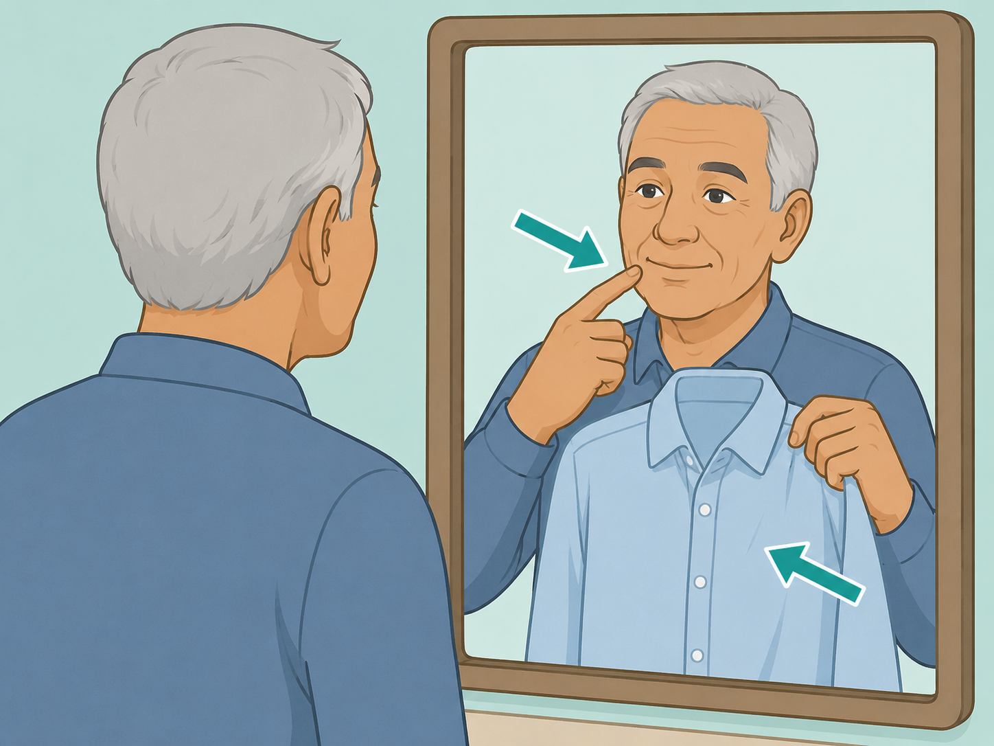 Older adult checking breath and clothing in a mirror.