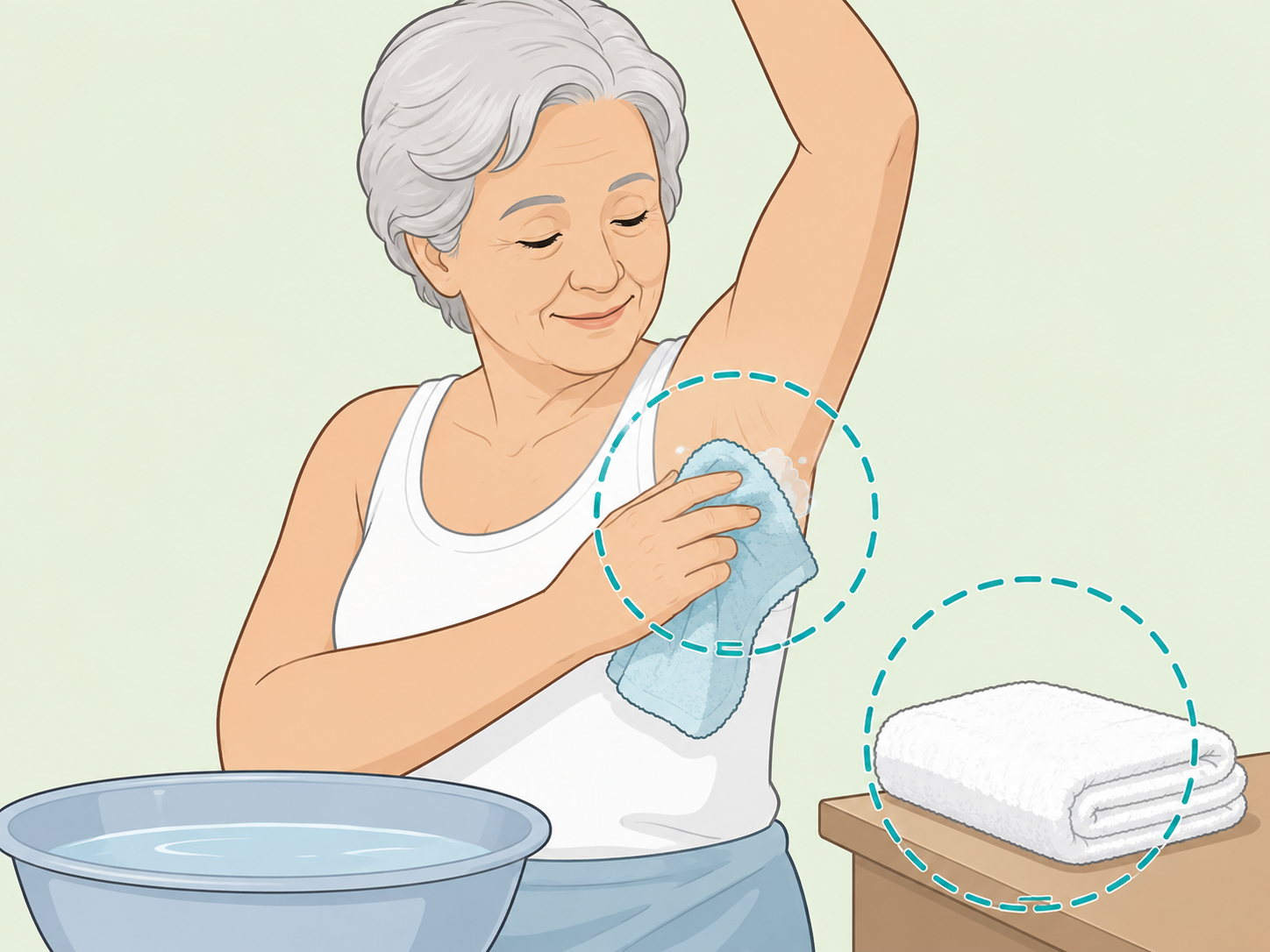 Older adult washing with a cloth as part of a daily hygiene routine.