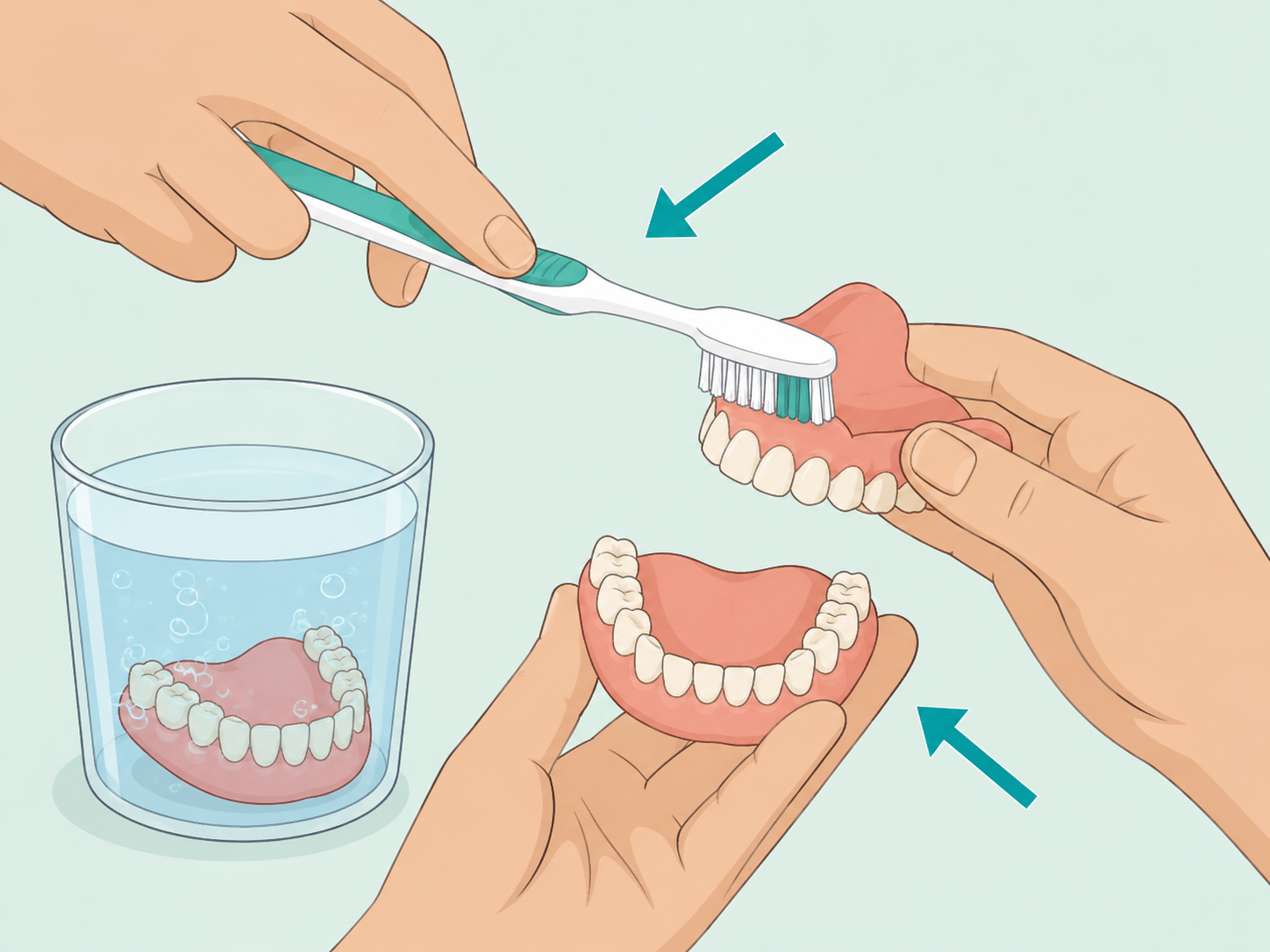 Hands brushing teeth and cleaning dentures.
