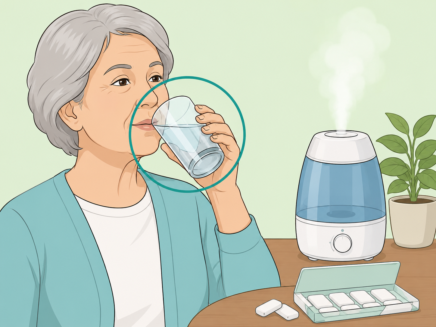 Older adult sipping water to help with dry mouth.