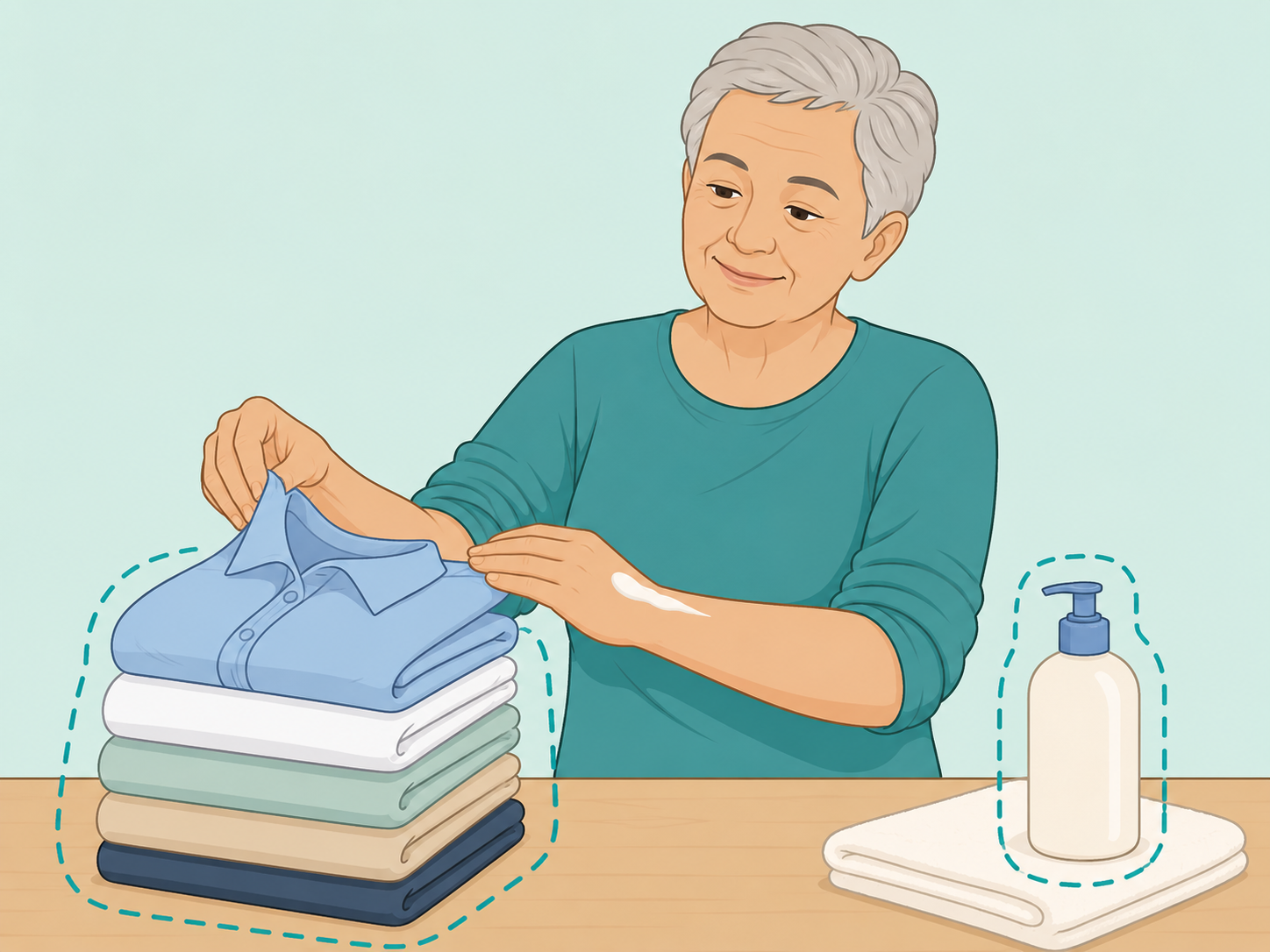 Older adult choosing clean clothes and moisturizing dry skin.