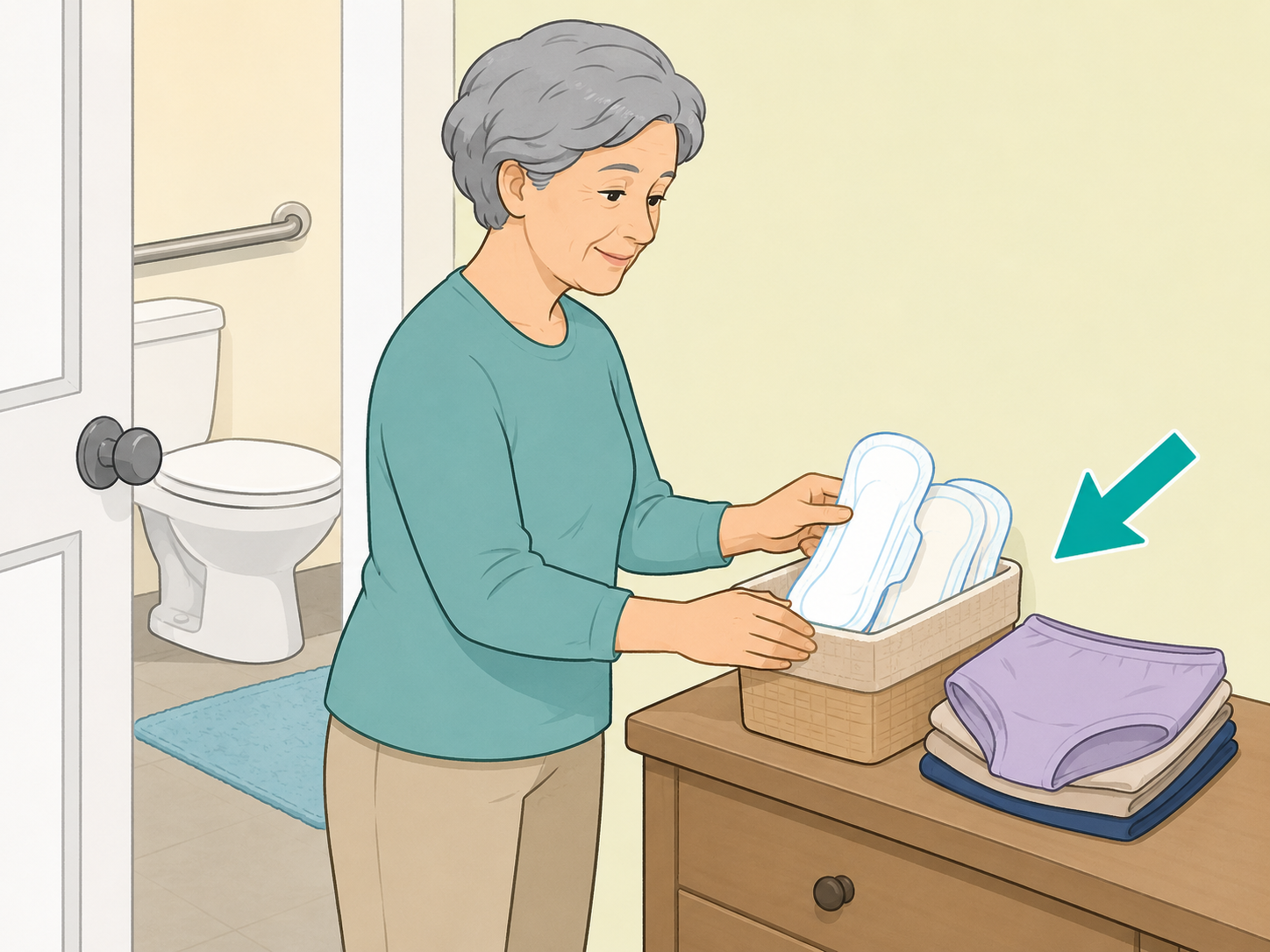 Older adult preparing bathroom and leakage supplies.