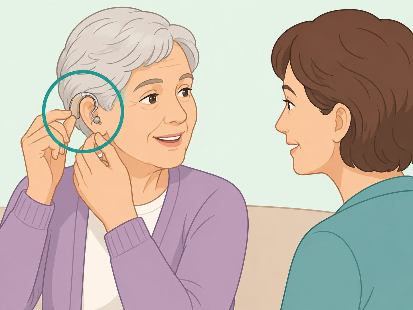 Older adult using a hearing aid for easier conversation.