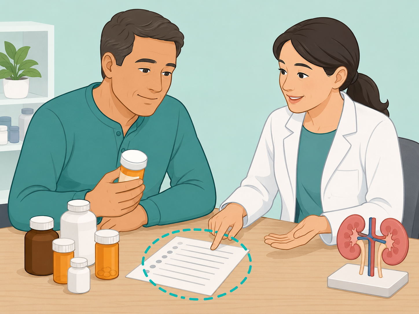 Person reviewing medicine bottles with a pharmacist to protect kidney health.