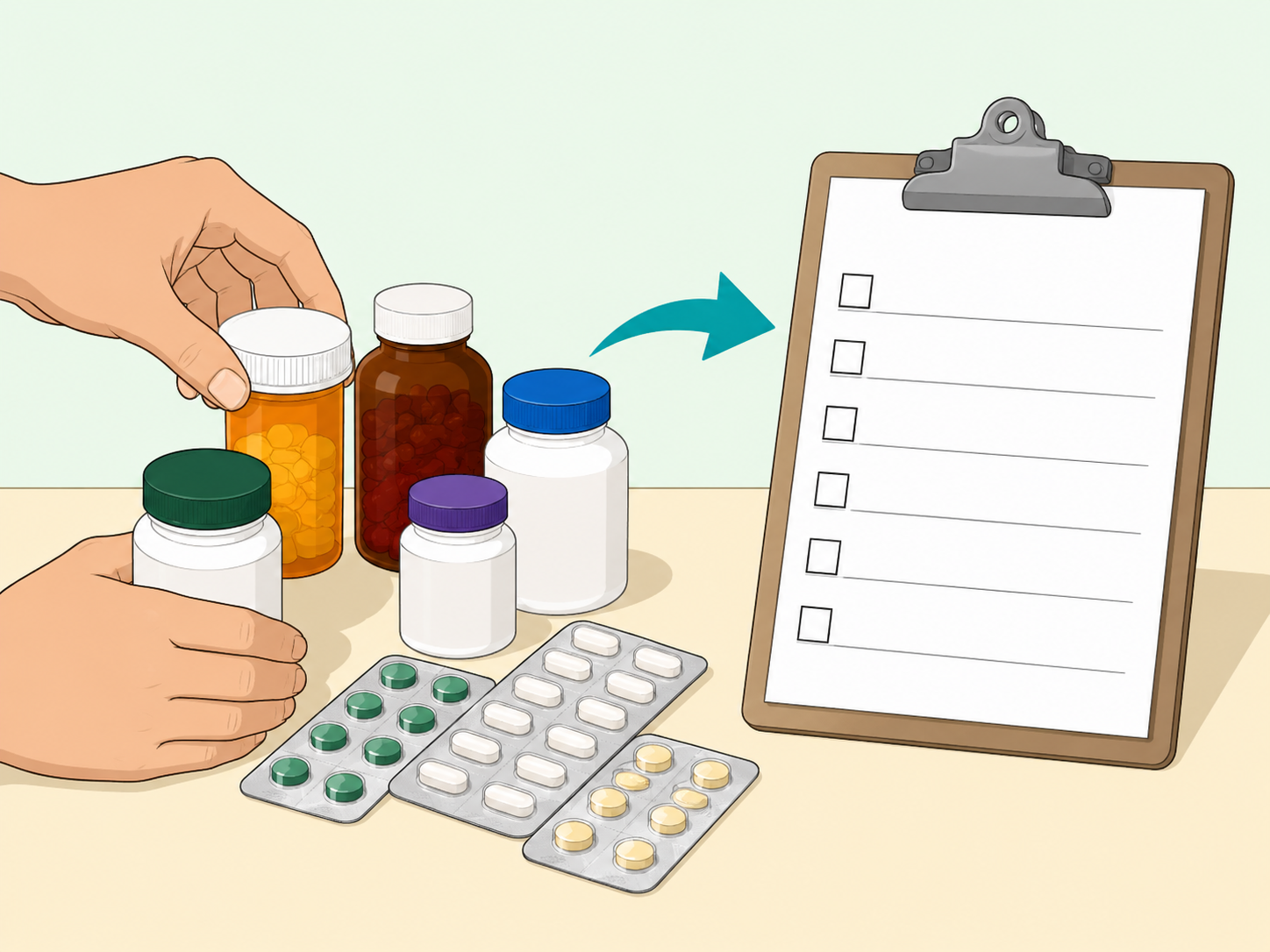 Hands organizing all medicines and supplements into one list.