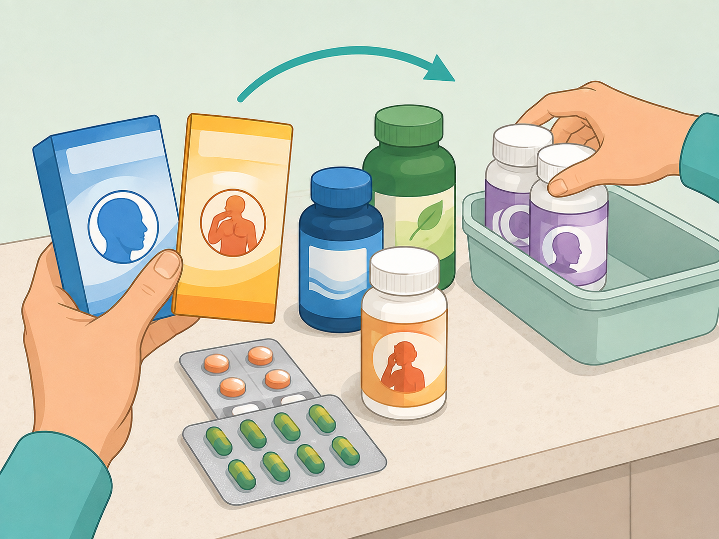 Person comparing medicine labels to avoid taking duplicate acetaminophen products.