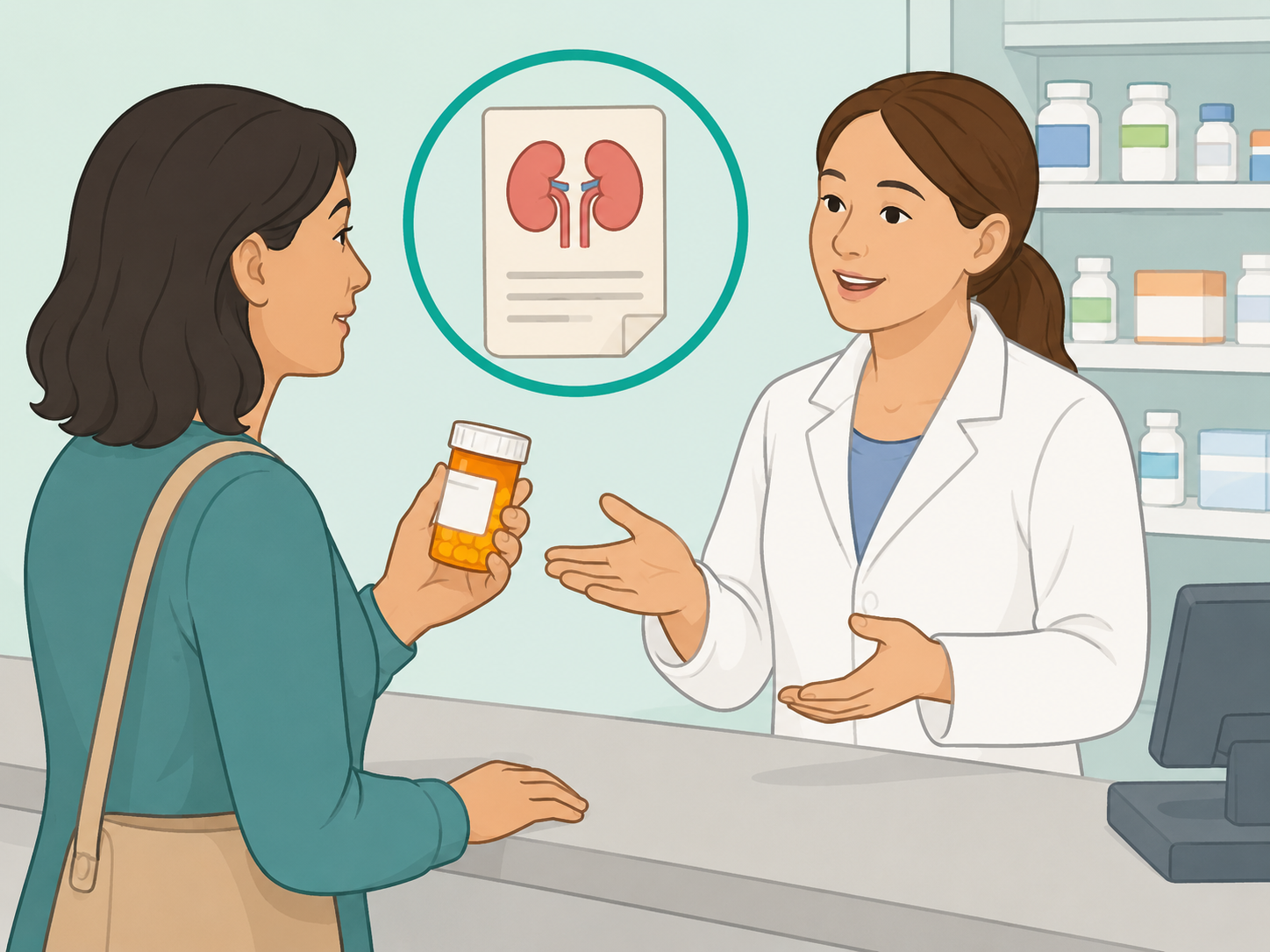 Patient asking a pharmacist whether an infection medicine needs kidney-dose adjustment.