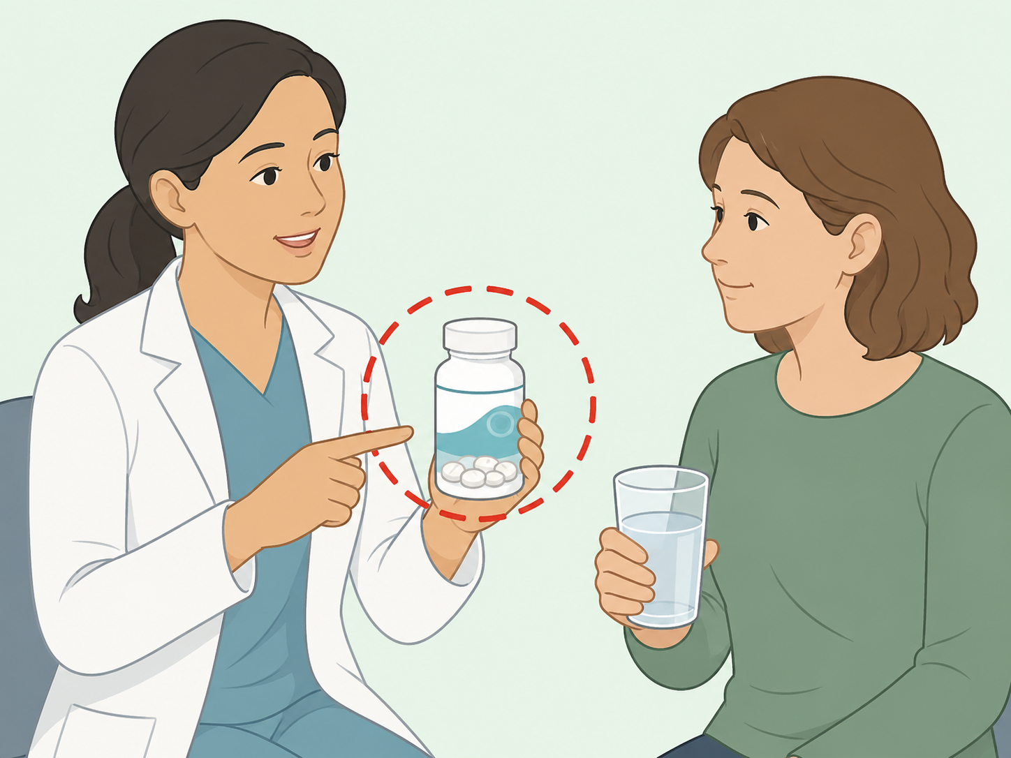 Clinician cautioning a patient about sodium phosphate bowel-prep tablets.