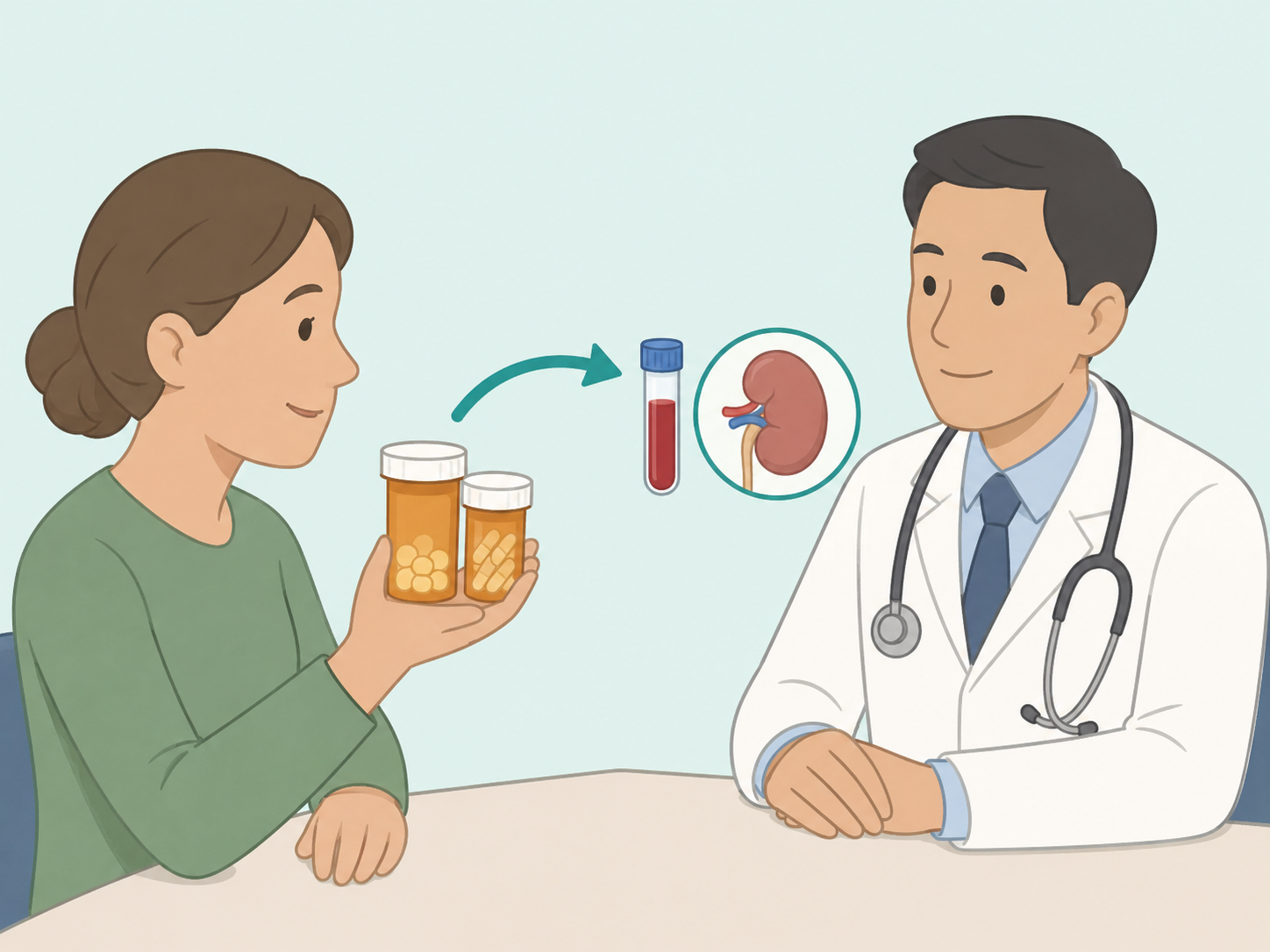 Patient discussing lithium and other prescriptions with a doctor before making changes.