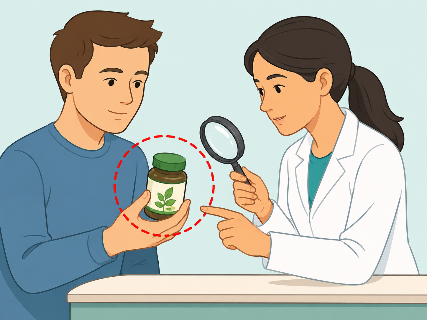 Person asking a pharmacist to review an herbal kidney supplement.