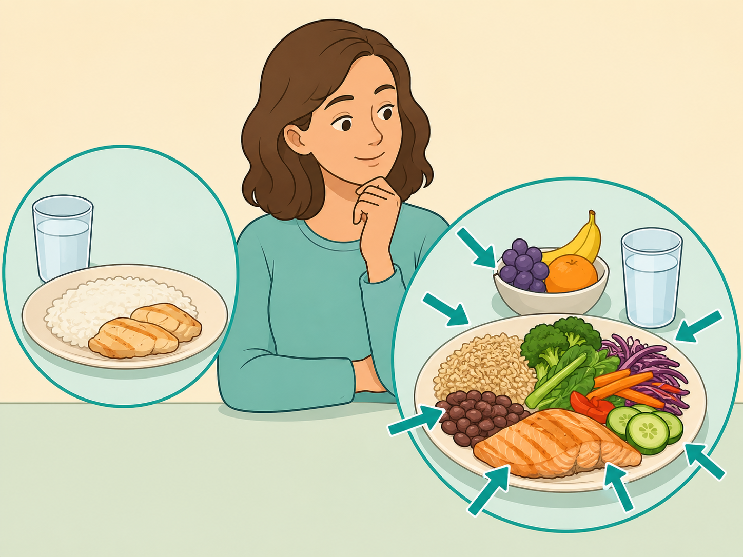 Illustration of a person comparing a repetitive meal with a balanced colorful plate.