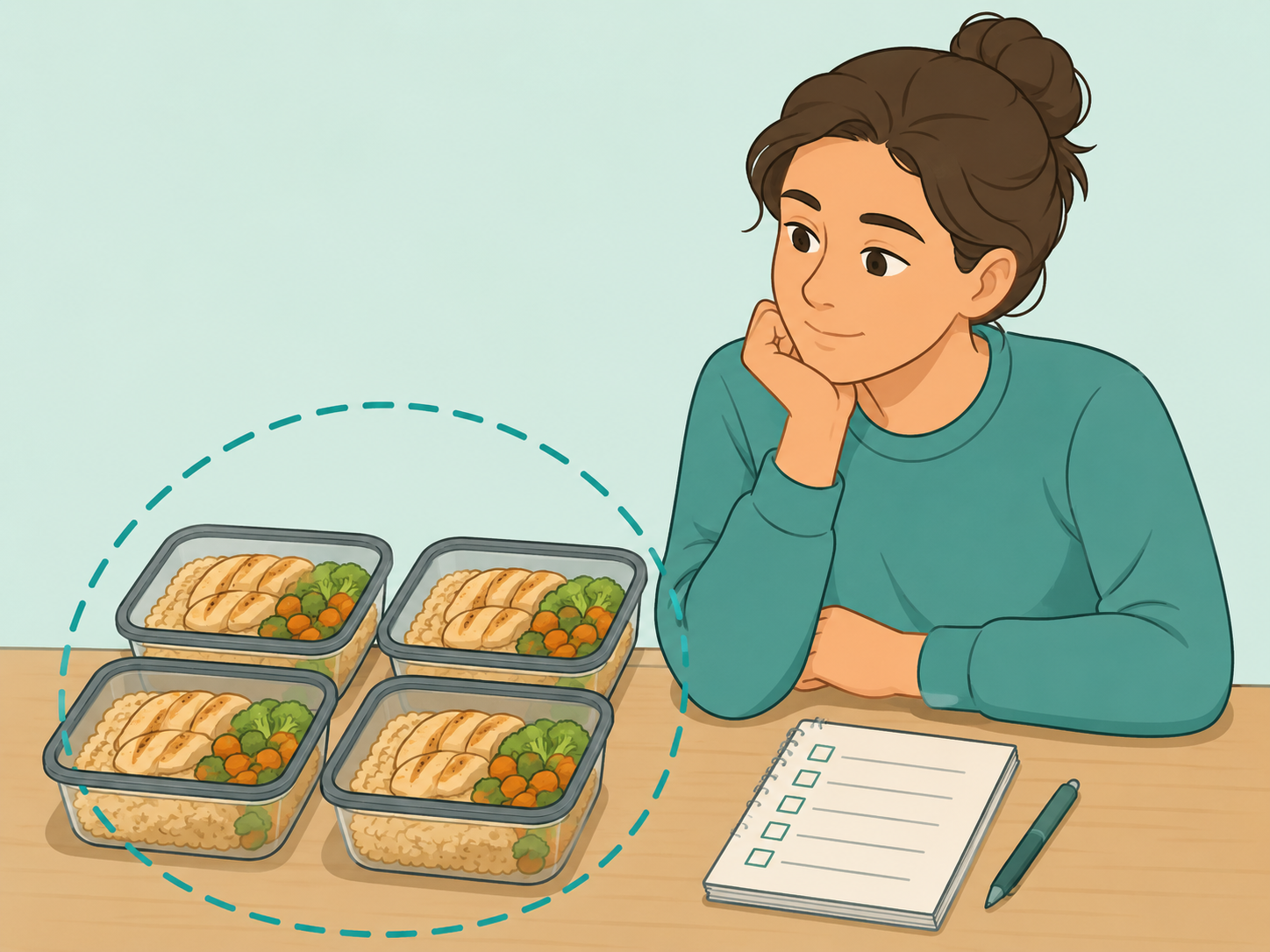Person noticing several identical prepared meals.