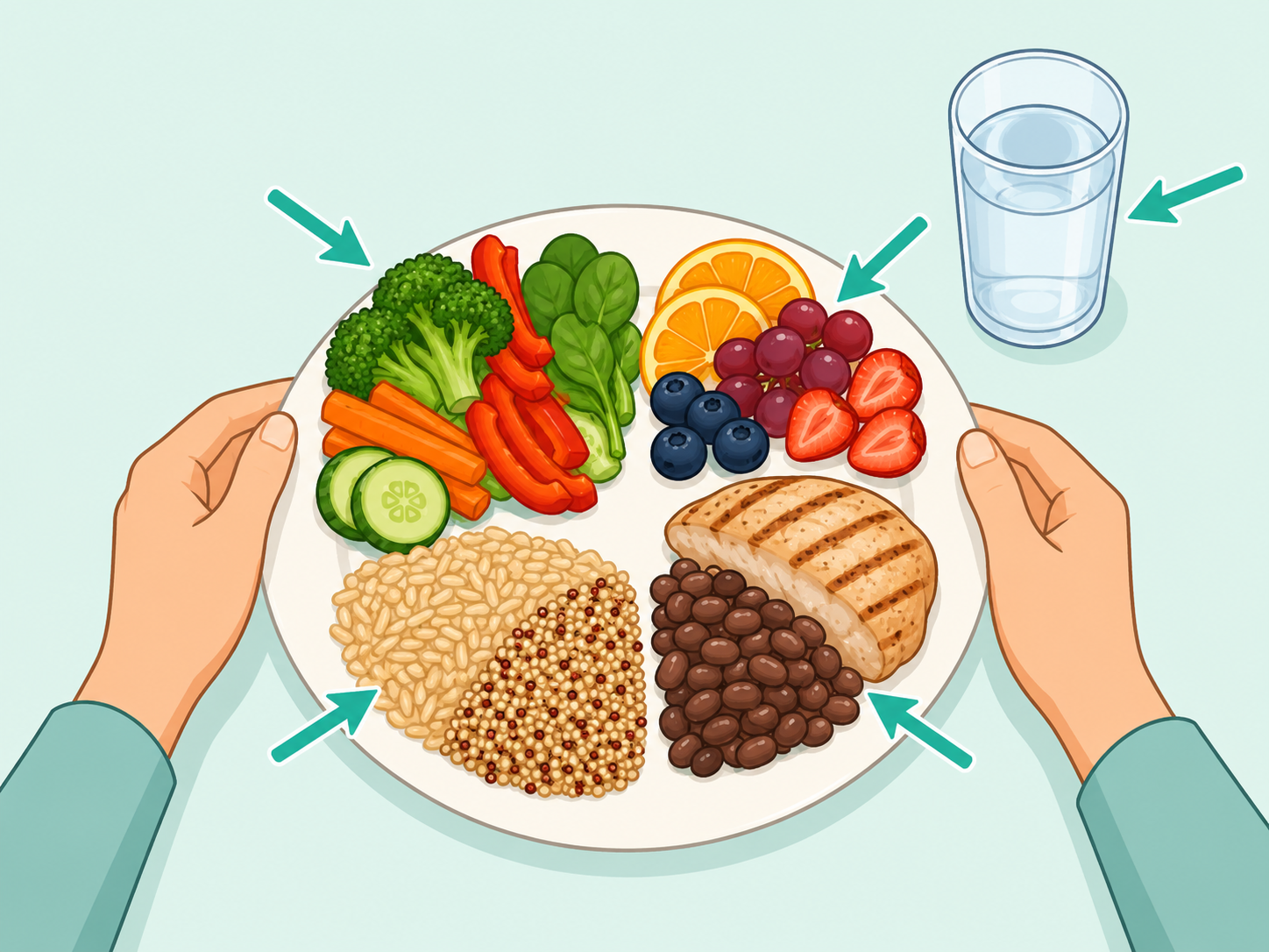 Hands arranging a balanced plate with several food groups.