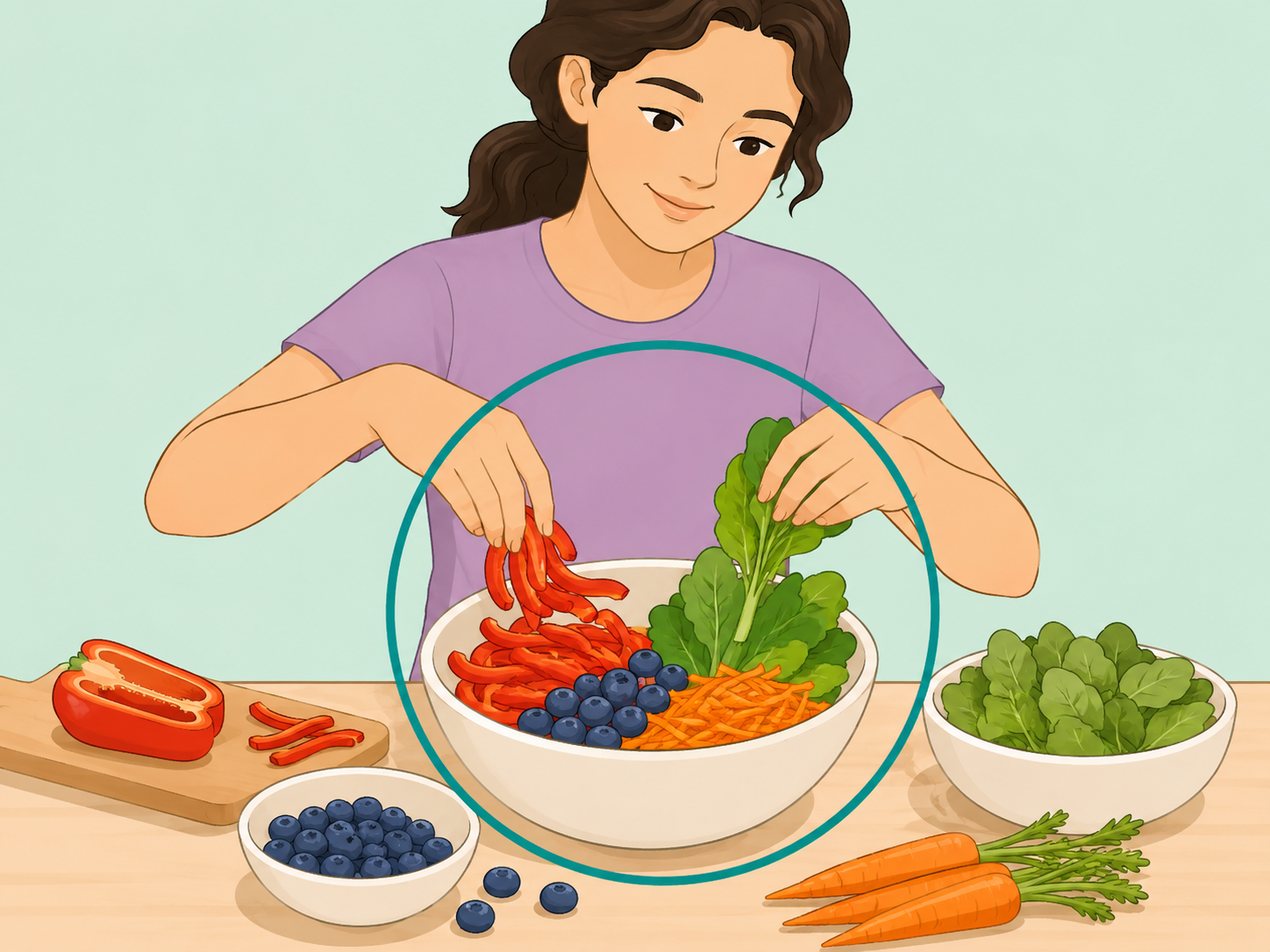 Person adding colorful fruits and vegetables to a meal.