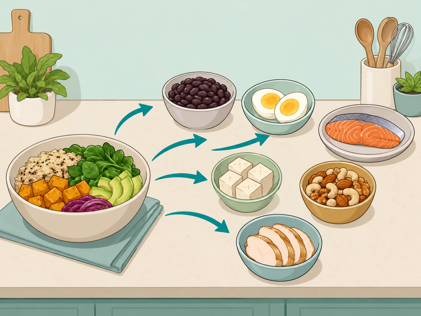 Different protein foods shown as swaps for a repeat meal.