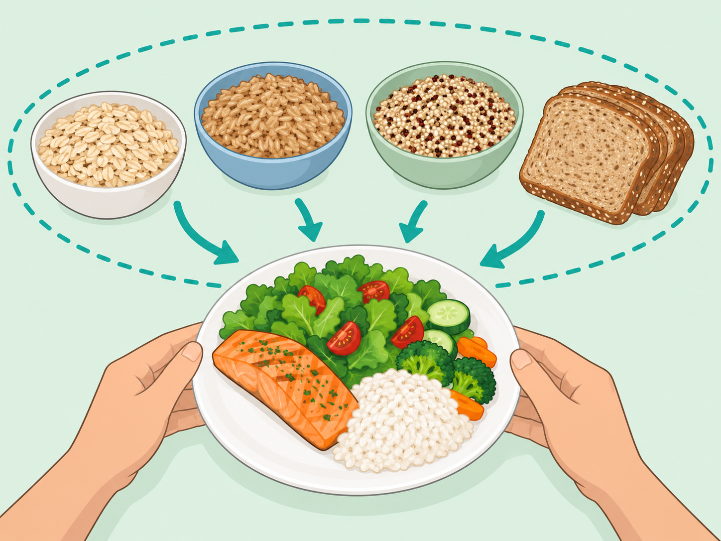 Hands choosing different whole grains for meals.