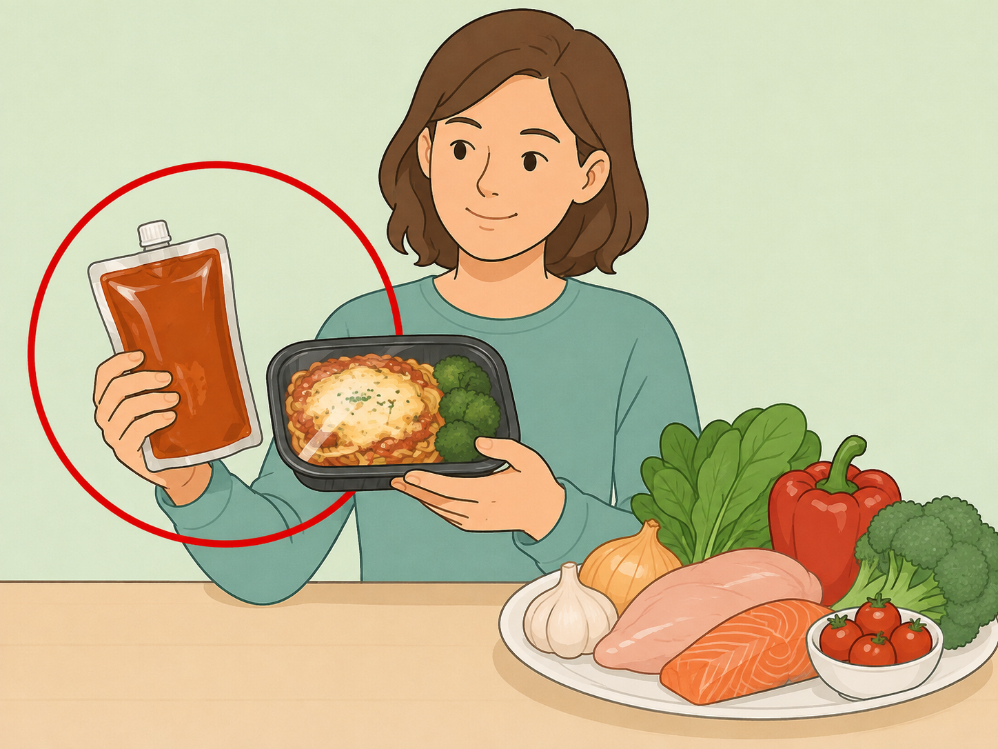 Person checking packaged foods before making a repeat meal.