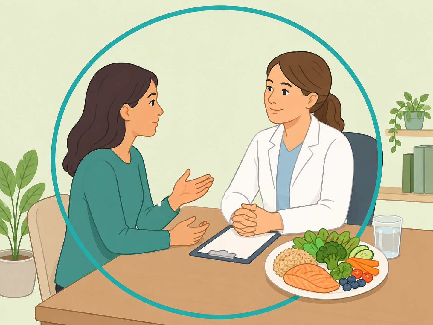 Person discussing eating habits with a healthcare professional.