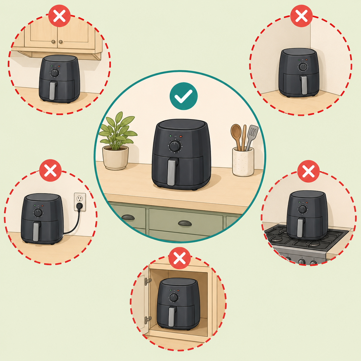 Illustration of an air fryer kept away from unsafe indoor spots like cabinets, walls, outlets, stovetops, and cupboards.