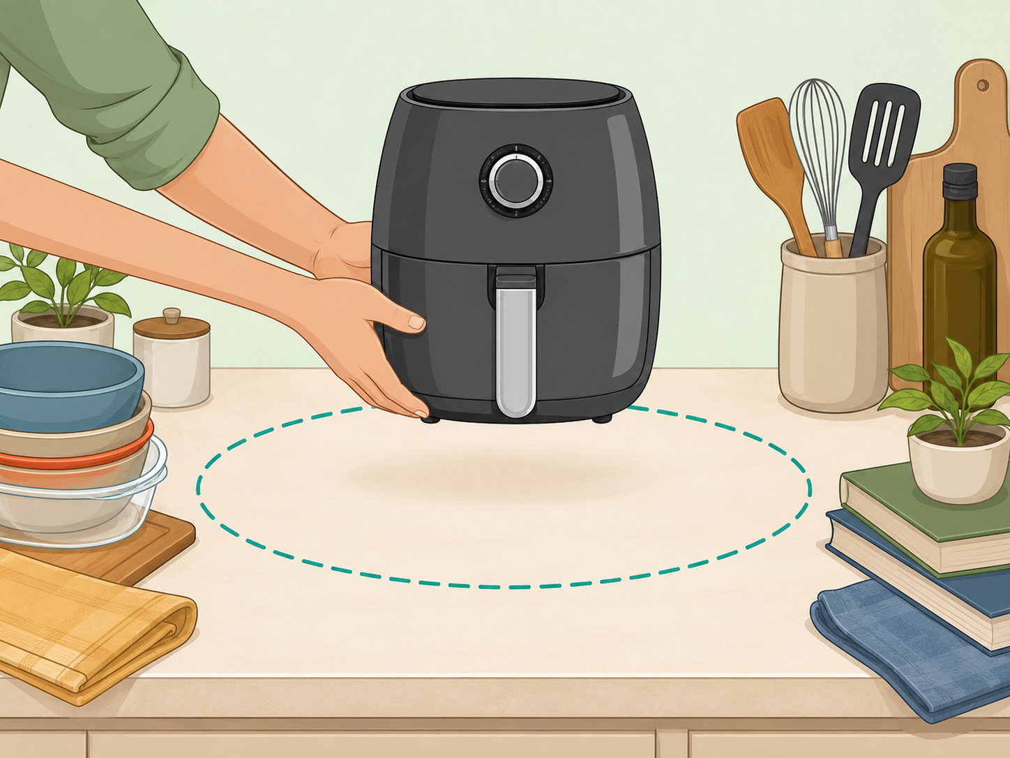 Air fryer placed on a clear, level, heat-resistant counter.