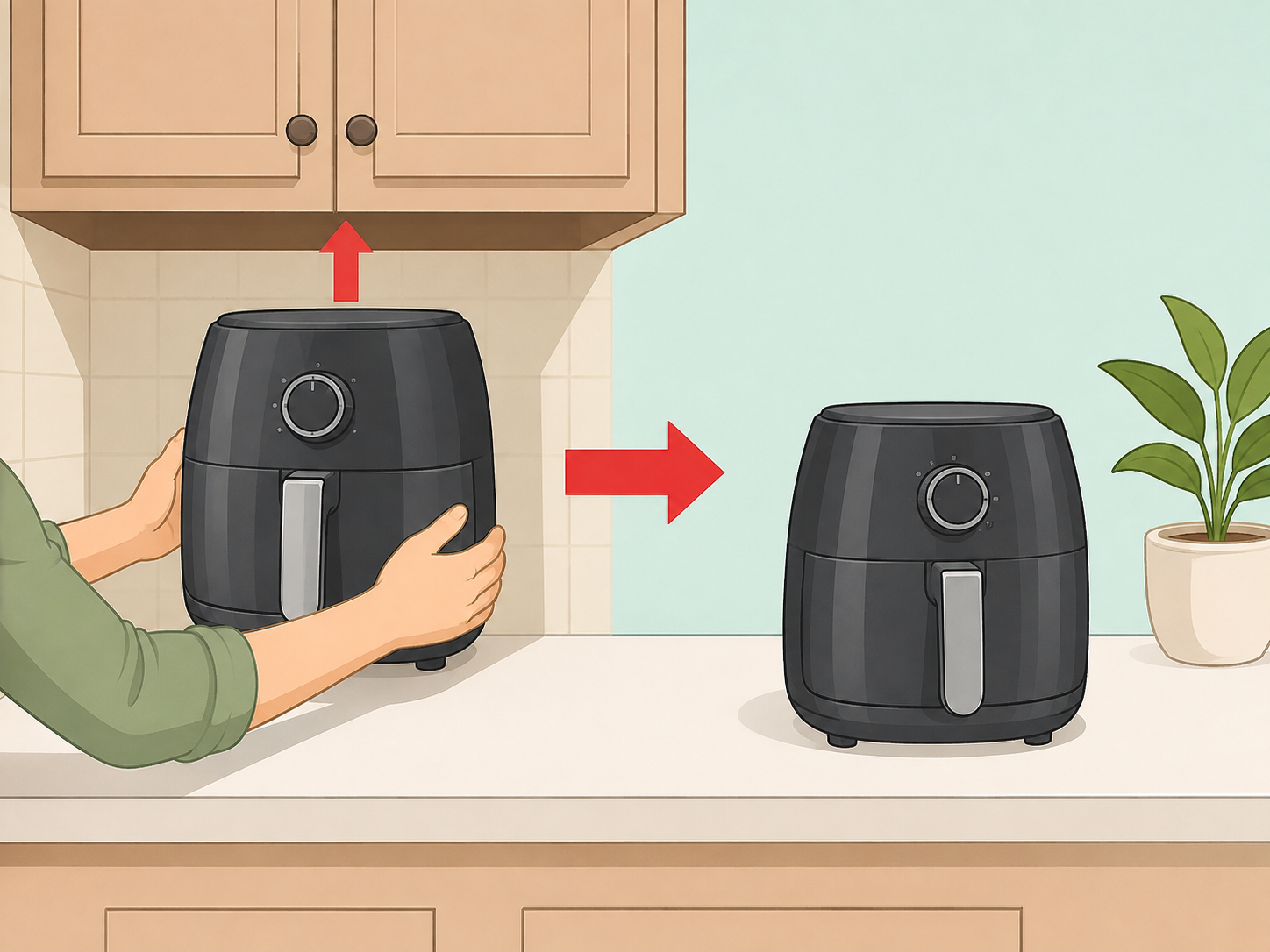 Air fryer moved away from overhead cabinets before use.