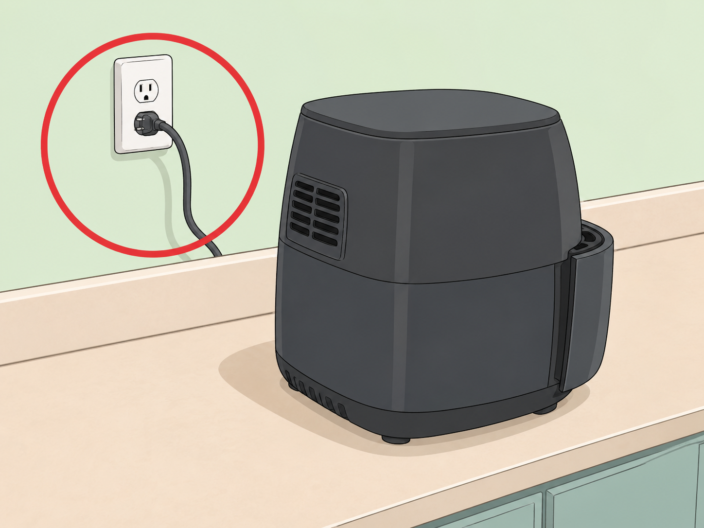 Air fryer vent kept away from electrical outlets and cords.